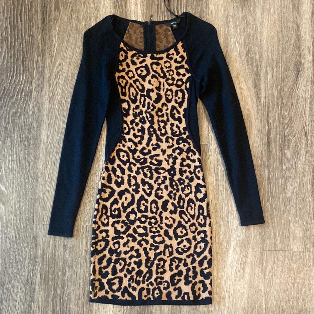 Guess Tan and Black Bodycon Dress Long Sleeve